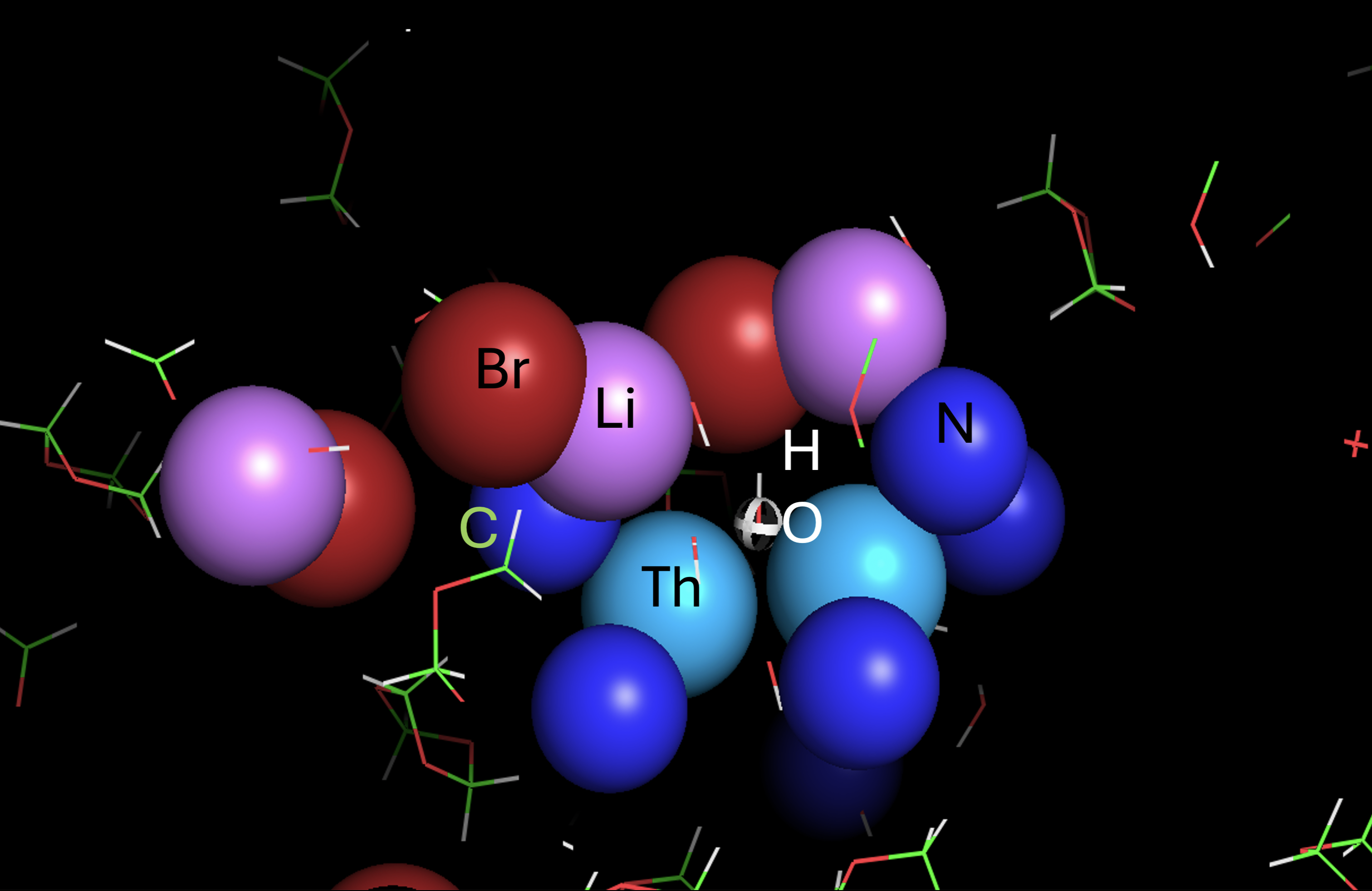 Molecular structure showing two thorium nuclei straddling oxygen atoms